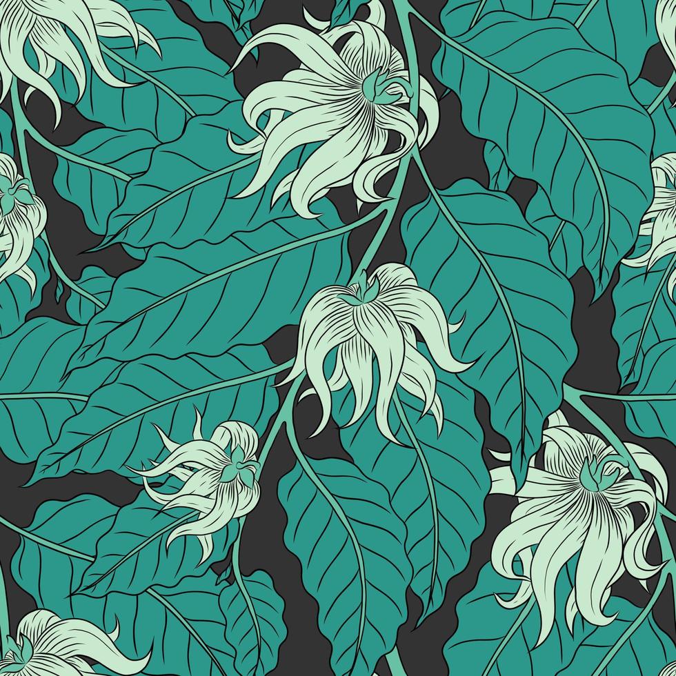patrón gris vectorial sin costuras con flores blancas de ylang-ylang en ramas turquesas vector