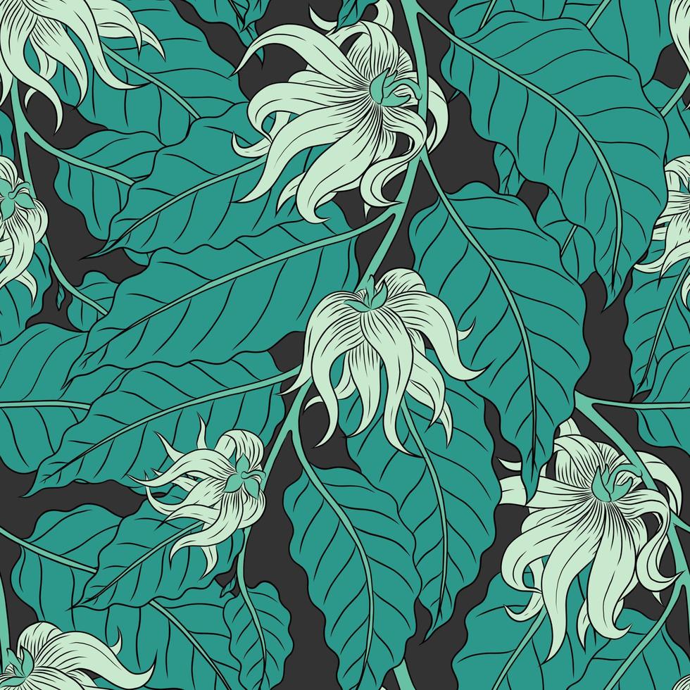 VECTOR SEAMLESS GRAY PATTERN WITH WHITE YLANG-YLANG FLOWERS ON TURQUOISE BRANCHES