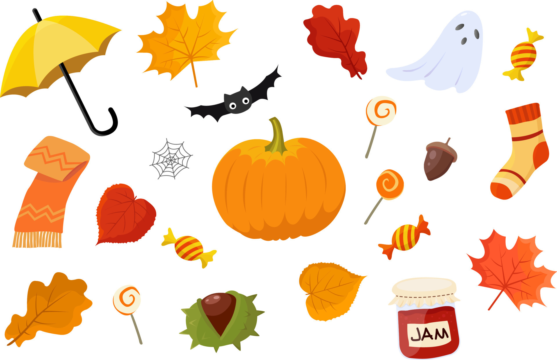 Autumn cozy icons set. Fall season. Halloween decorations. Autumn