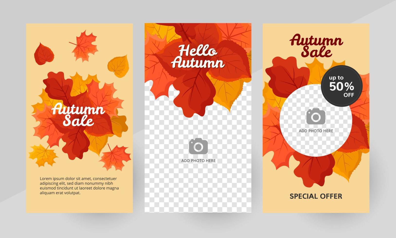 Social media hello autumn story template, editable social media template. Background for social media autumn design vector. Vertical stories template. Vector illustration. Leaves pattern design.