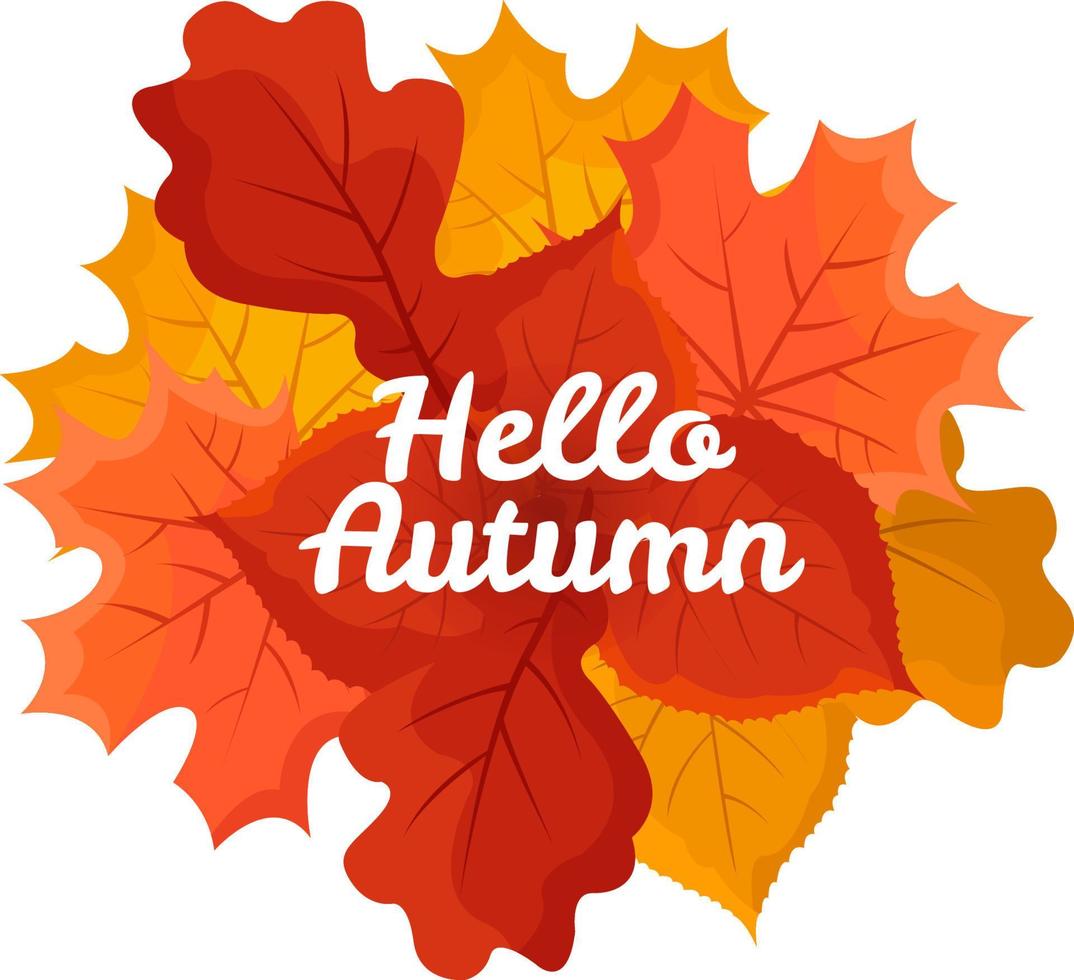 Hello autumn illustration with colourful leaves. Flat style. Vector illustration