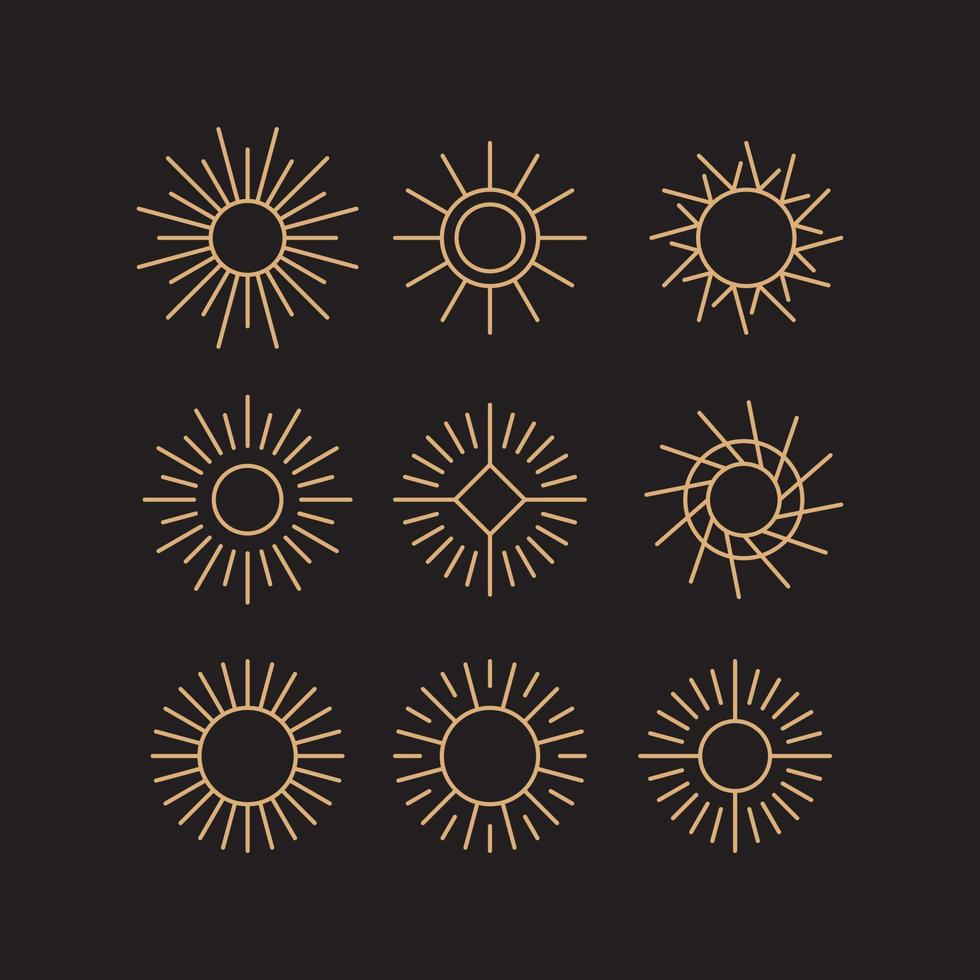 set of bohemian golden sun logo elements isolated, sunset sunrise in outline linear style logo icon vector collection, abstract outline logo vector in minimal style.