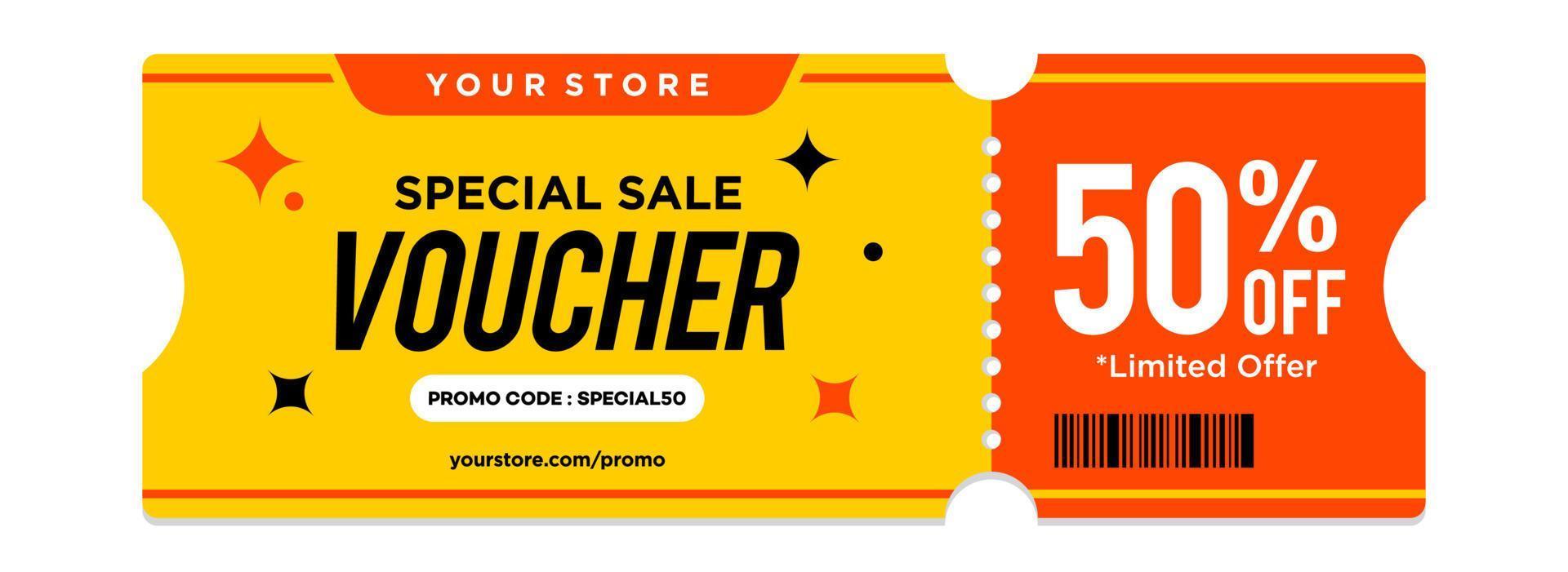 yellow and orange special sale Coupon template with exclusive offer up to 50 percent off. Gift voucher with 50 percent discount, special promo code website vector illustration