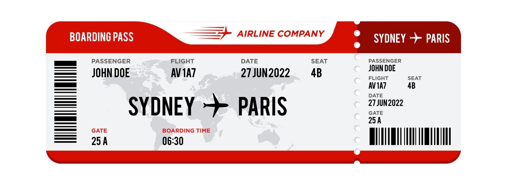 Airplane ticket design. Realistic illustration of airplane boarding pass with passenger name and destination. Concept of travel, journey or business trip. Isolated on white background vector