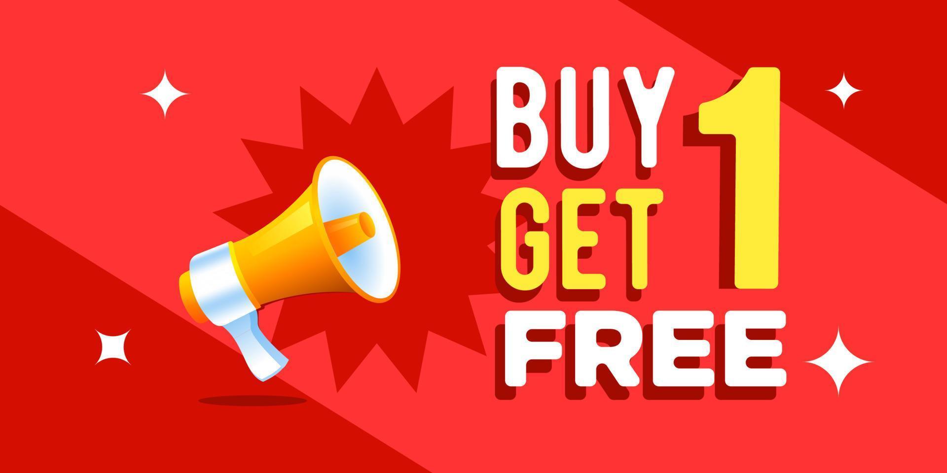 Web banner with realistic megaphone announcing promotion of buy one get one free. online shopping e-commerce free special gift. Realistic loudspeaker design and promotion text vector illustration.