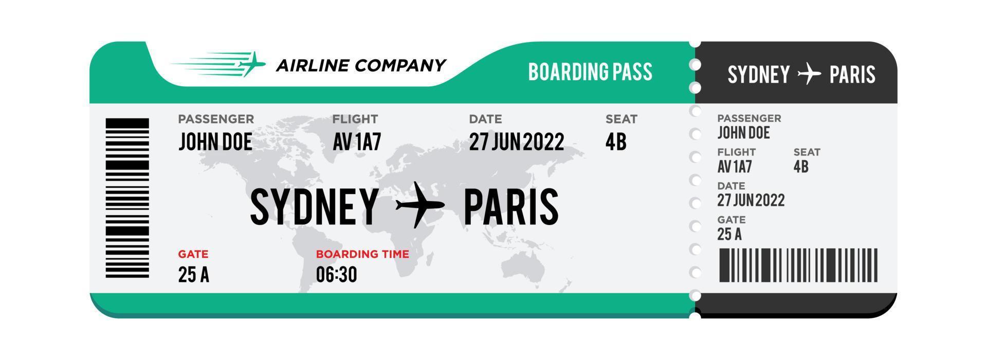 Airplane ticket design. Realistic illustration of airplane boarding pass with passenger name and destination. Concept of travel, journey or business trip. Isolated on white background vector