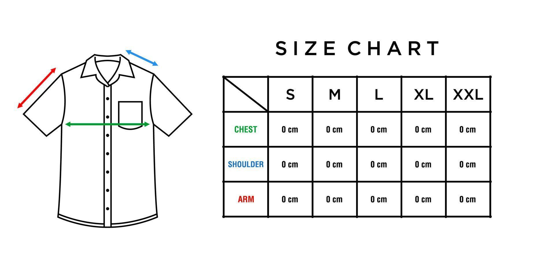 vector de plantilla de gráfico de tamaño de camisa de manga corta. tabla infográfica de guía de tallas camisa de hombre con cuello y botón