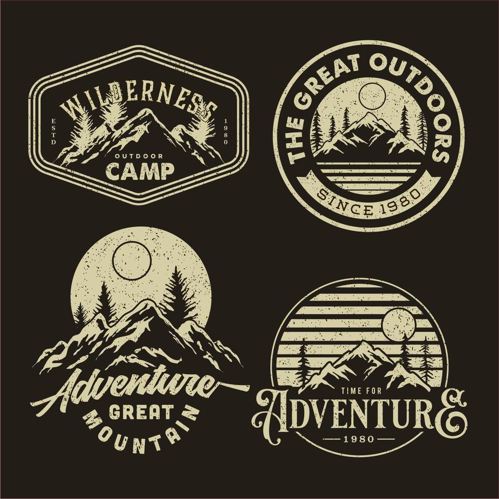 hipster mountain rustic badge design for t-shirt. set collection of vintage adventure badge. Camping emblem logo with mountain illustration in retro style isolated on black background vector