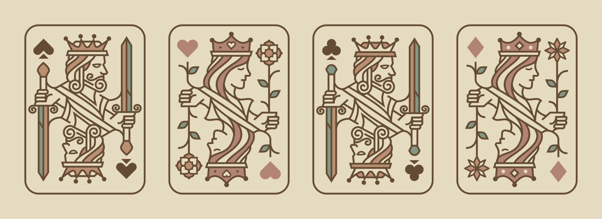 juego de rey y reina ilustración vectorial de naipes juego de corazones, espada, diamante y club, colección de diseño de tarjetas reales vector