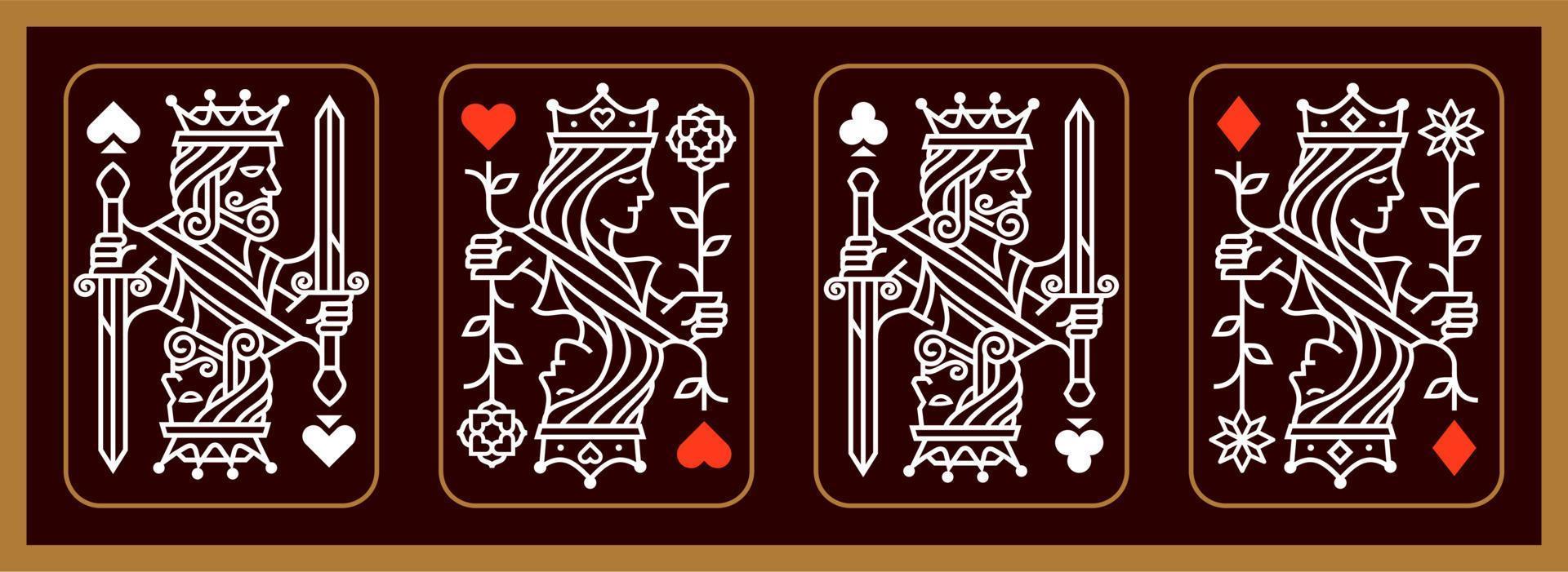 juego de rey y reina ilustración vectorial de naipes juego de corazones, espada, diamante y club, colección de diseño de tarjetas reales vector