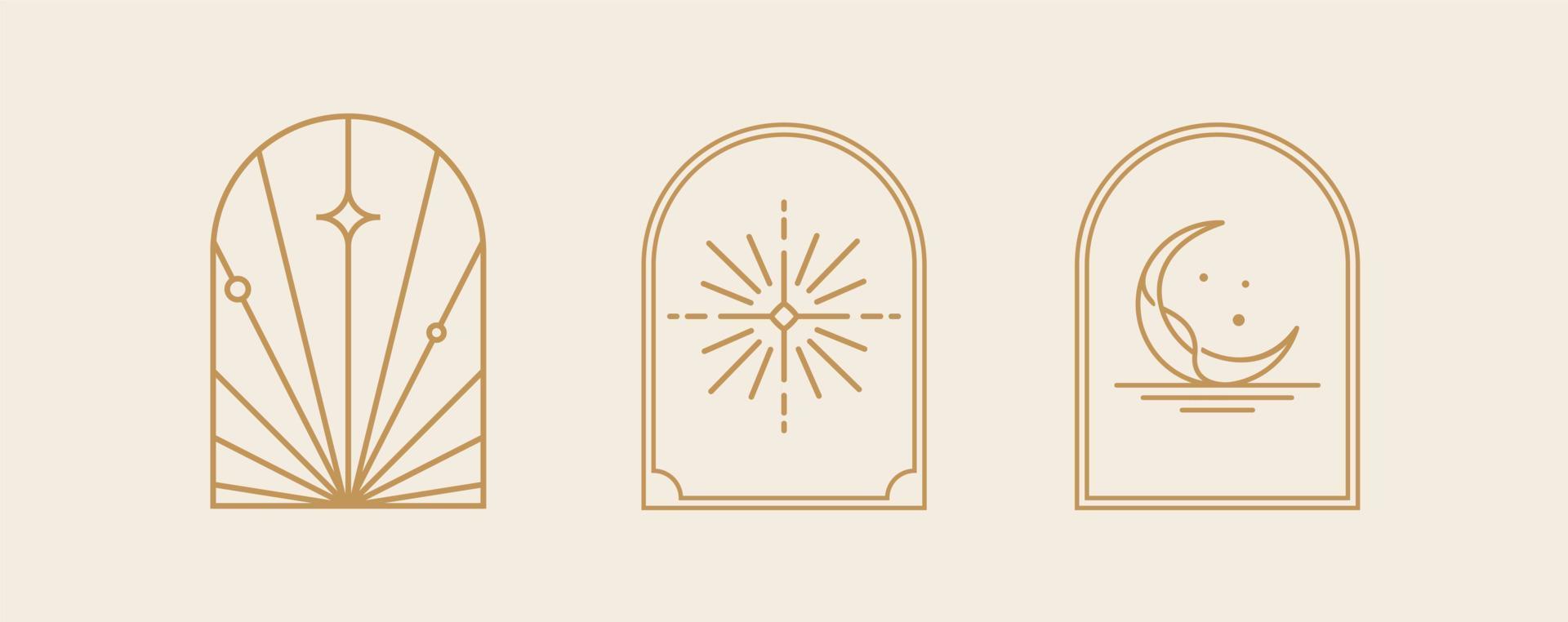 Bohemian line logo art, icons and symbols, sun and moon, arch window design geometric abstract design elements for decoration vector