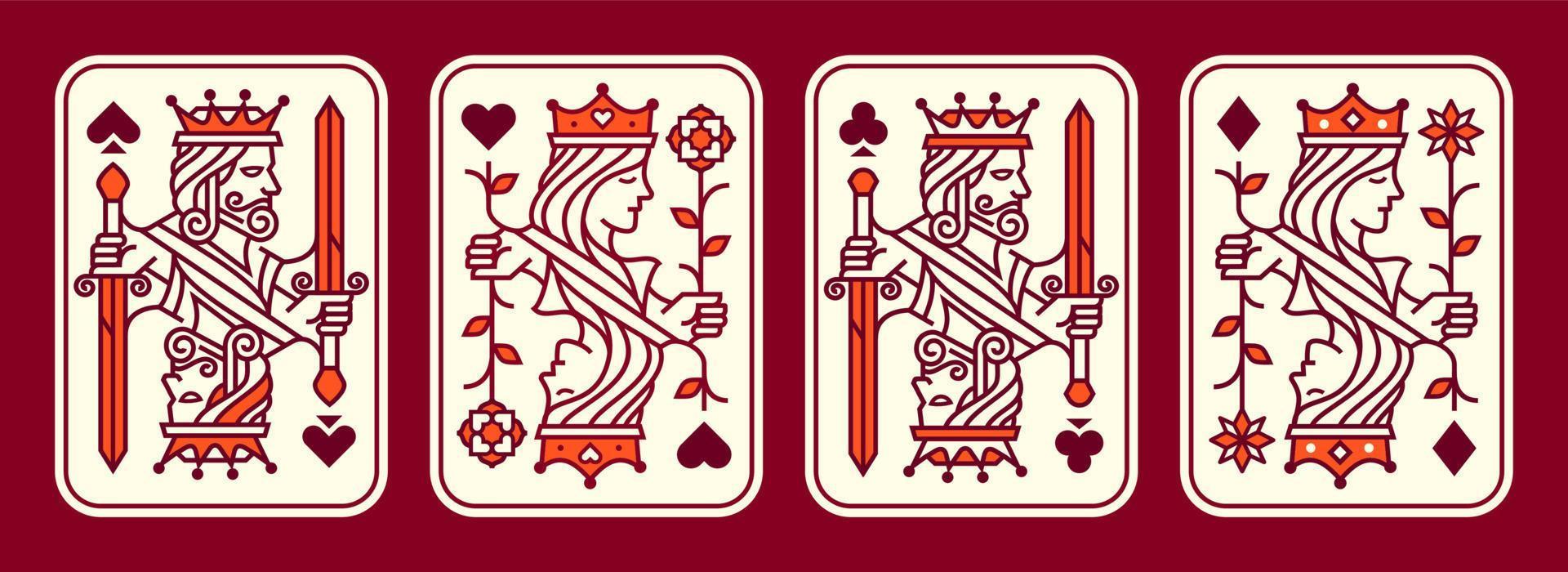 set of King and queen playing card vector illustration set of hearts, Spade, Diamond and Club, Royal cards design collection