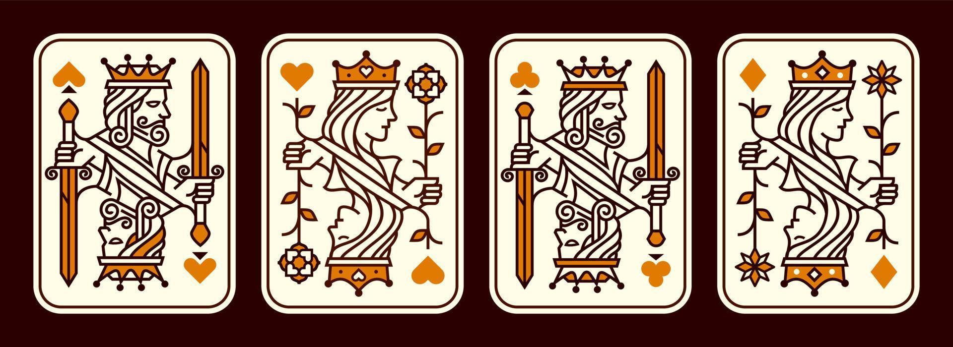 set of King and queen playing card vector illustration set of hearts, Spade, Diamond and Club, Royal cards design collection