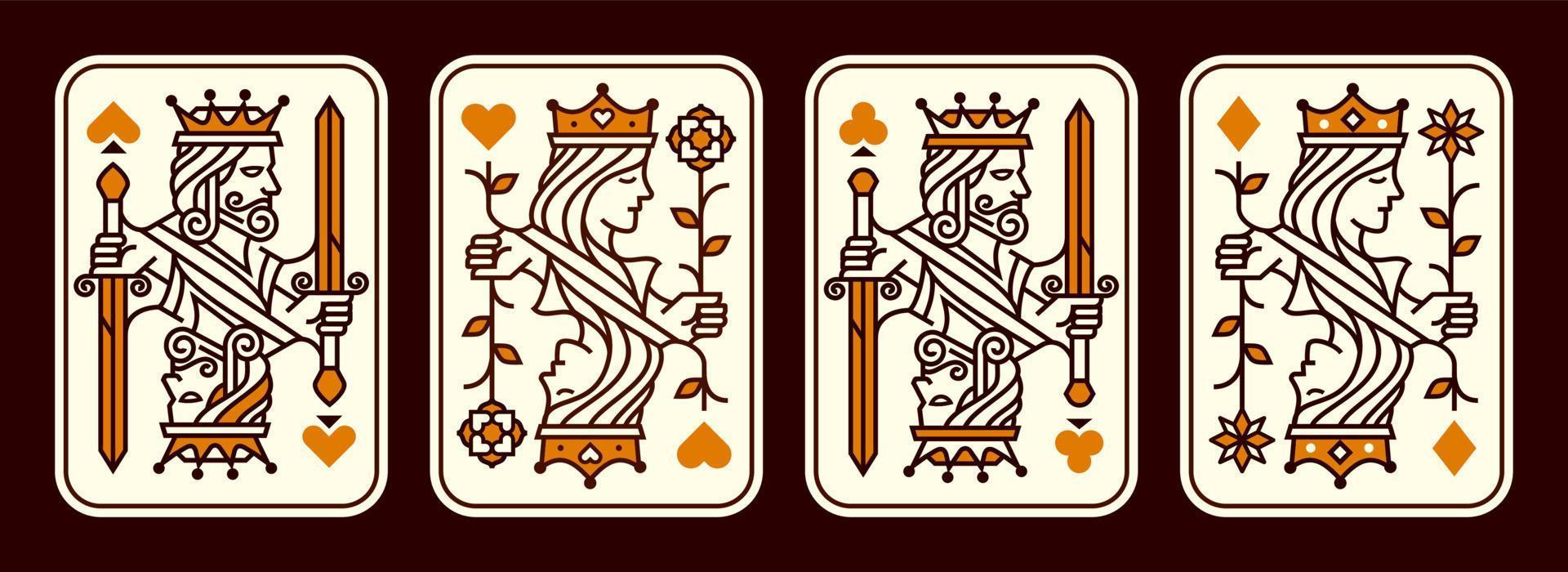 juego de rey y reina ilustración vectorial de naipes juego de corazones, espada, diamante y club, colección de diseño de tarjetas reales vector