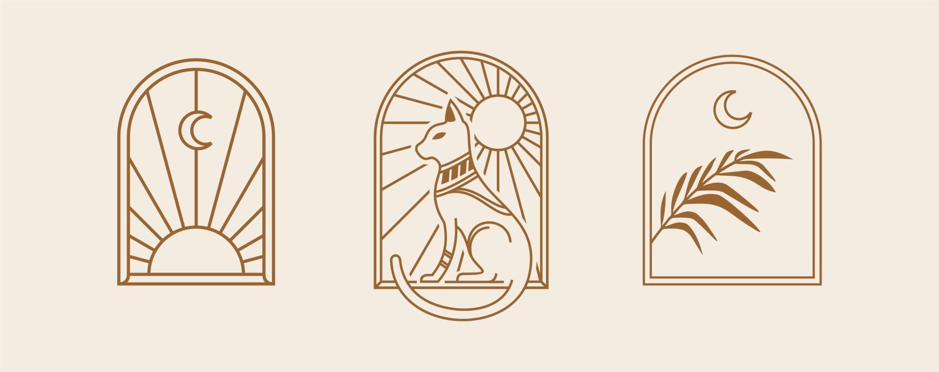 arte del logotipo de la línea bohemia. icono y símbolos con gato, sol y luna. diseño de ventana de arco elementos de diseño abstracto geométrico para decoración ilustración vectorial vector