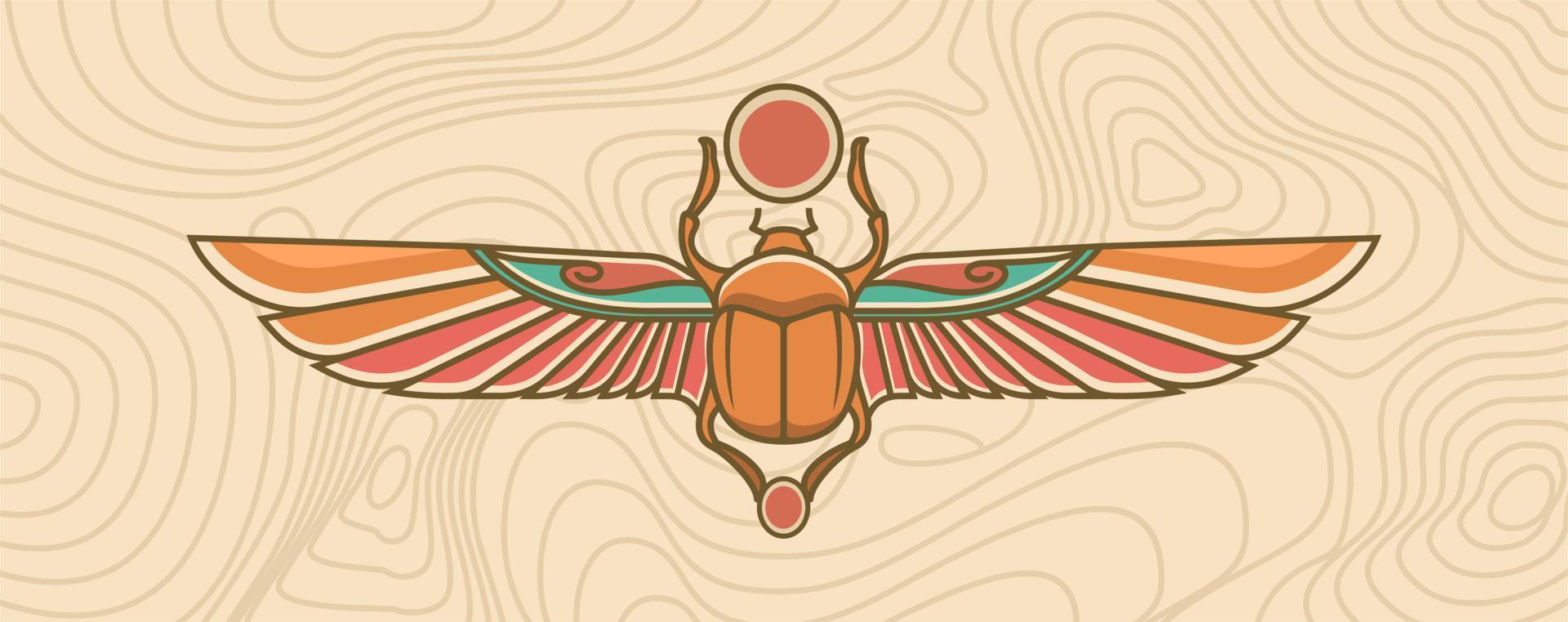 escarabajo con ilustración de vector de alas, antiguo animal de egipto para khepri, dios egipcio. símbolo mágico para faraón con fondo de línea topográfica. diseño de tatuaje de mitología egipcia