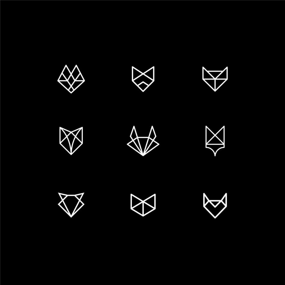 set of geometric line animal fox cat dog illustration icon outline vector collection, minimal small animal icon set isolated on black background