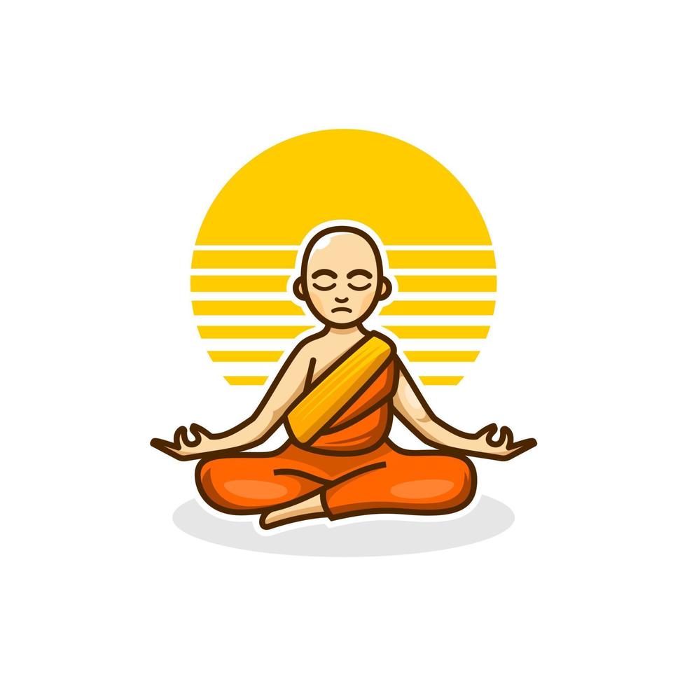 monk logo icon, Buddhist monk cartoon character yoga meditating in orange and yellow robe with sun background vector illustration