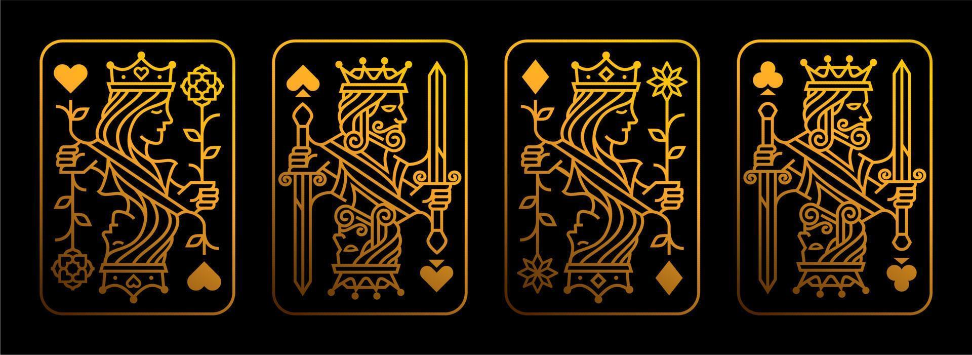 juego de ilustración vectorial de naipes rey y reina de corazones, pala, diamante y club, colección de diseño de cartas reales vector