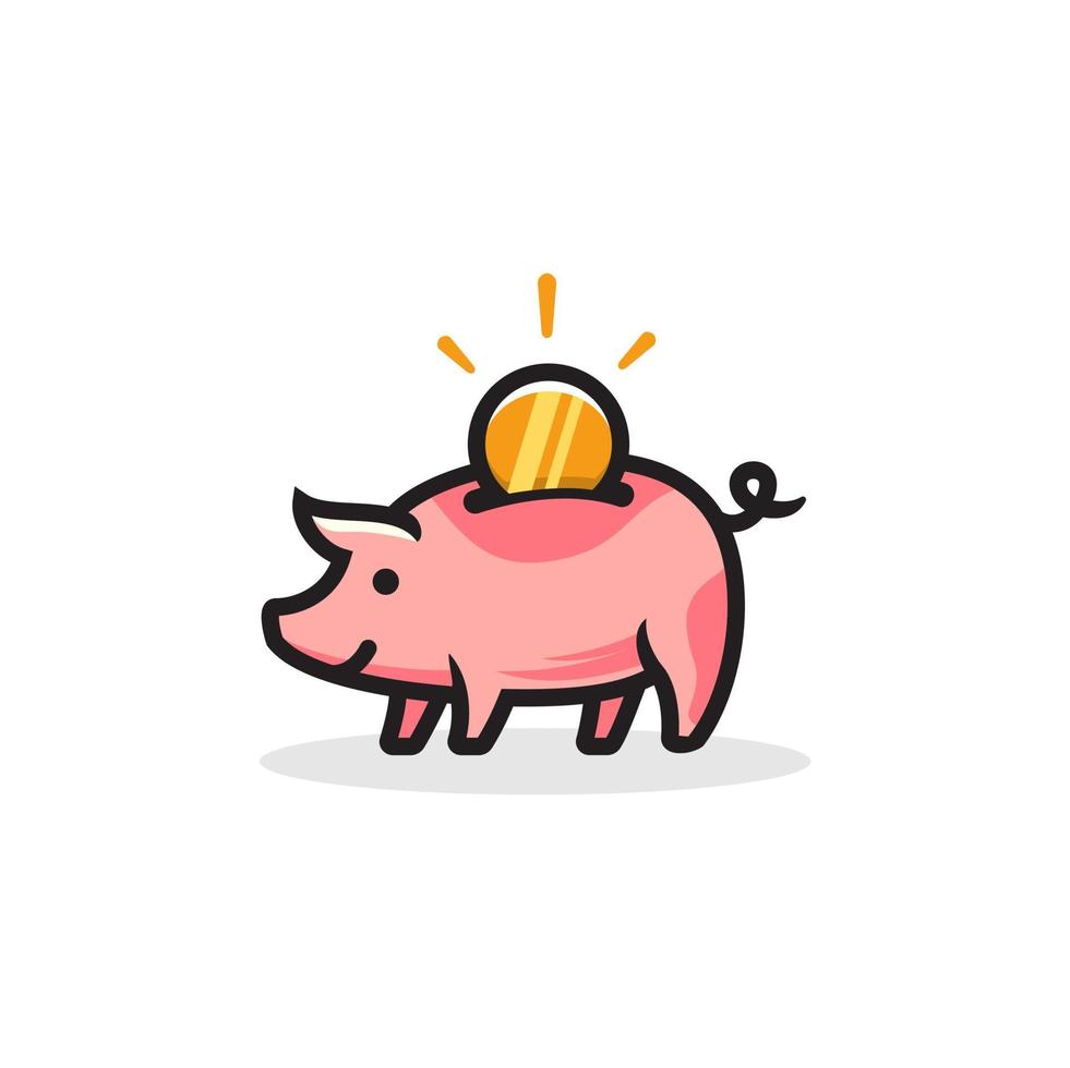 Pig coin logo, piggy bank with gold money Illustration Vector graphic