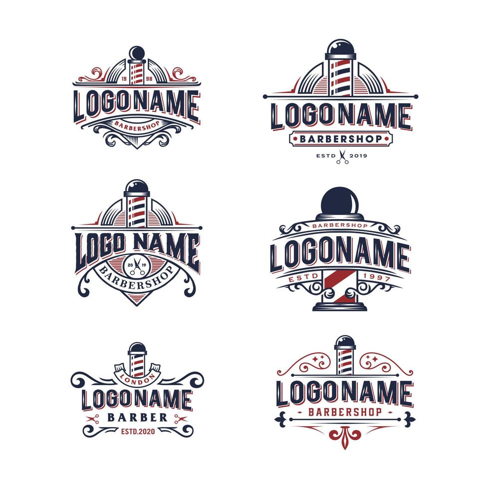 set of hipster barber logo design icon with pole, Red and blue navy Vintage retro classic Victorian style barbershop logo VECTOR collection