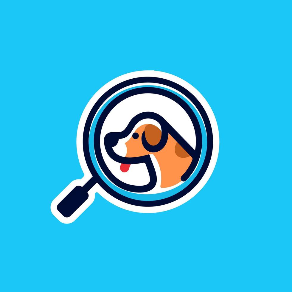 etiqueta engomada del logotipo de la cabeza del cachorro de perro para la empresa de búsqueda de mascotas con una ilustración de vector de icono de lupa mínima en estilo de línea de dibujos animados de moda