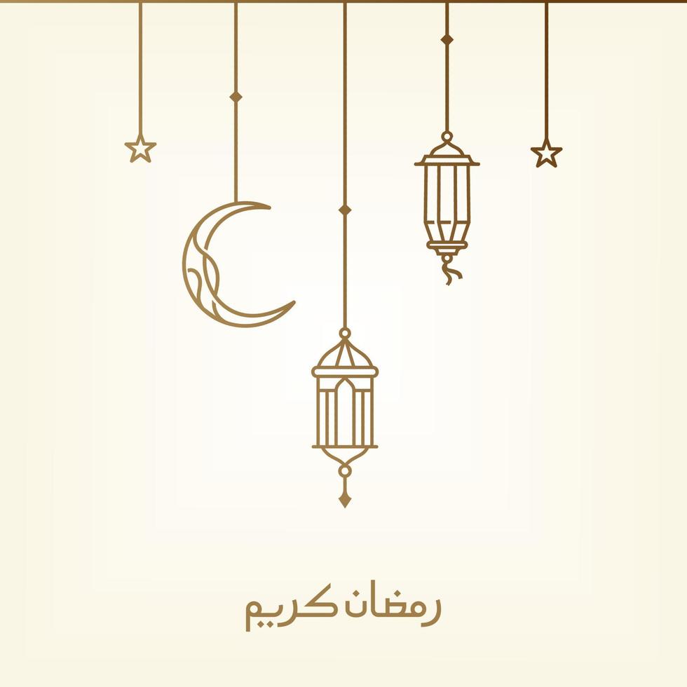 ramadan Kareem, Eid Mubarak Greeting Line icon minimal and simple vector design with beautiful Glowing Lantern and elegant crescent moon star for background and Banner