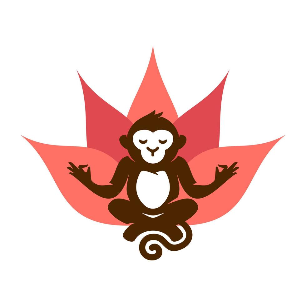 monkey doing yoga meditation sitting in lotus position cartoon illustration with lotus flower background. chimpanzee ape meditating pose cartoon mascot design illustration vector