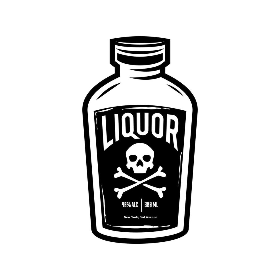 diseño de etiqueta de botella de licor negro vintage con calavera y tibias cruzadas. elementos de tipografía retro. textura de fondo de hormigón. diseño de tatuajes con botella de paquete de alcohol. vector