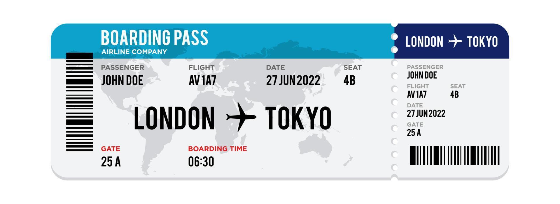 Airplane ticket design. Realistic illustration of airplane boarding pass with passenger name and destination. Concept of travel, journey or business trip. Isolated on white background vector