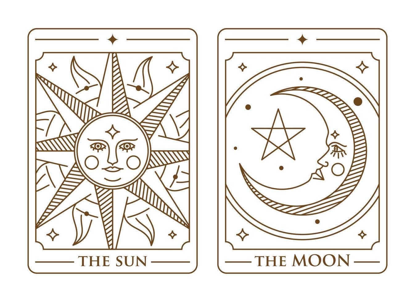 tarot deck card set Illustration. the sun, the moon and the star golden tarot card vector. Vintage mystic sun, moon and star tarot card in ornamental line art style vector