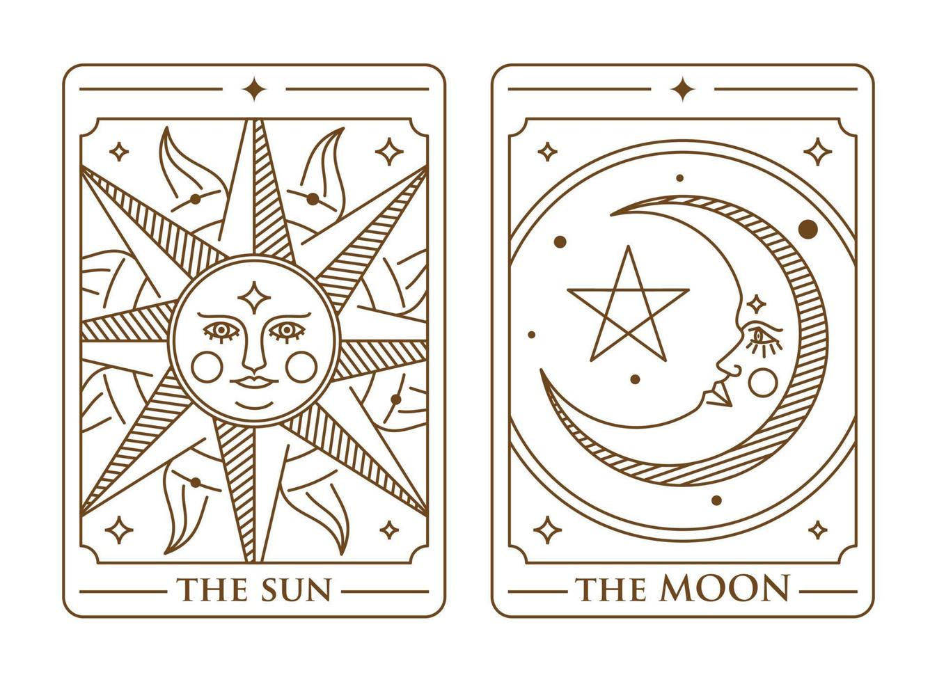 ilustración de juego de cartas de baraja de tarot. el sol, la luna y la estrella vector de la carta del tarot dorado. sol místico vintage, luna y carta de tarot estrella en estilo de arte de línea ornamental