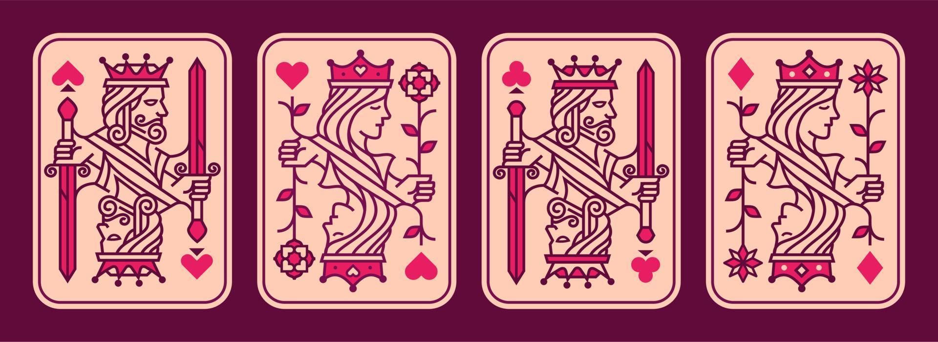 set of King and queen playing card vector illustration set of hearts, Spade, Diamond and Club, Royal cards design collection