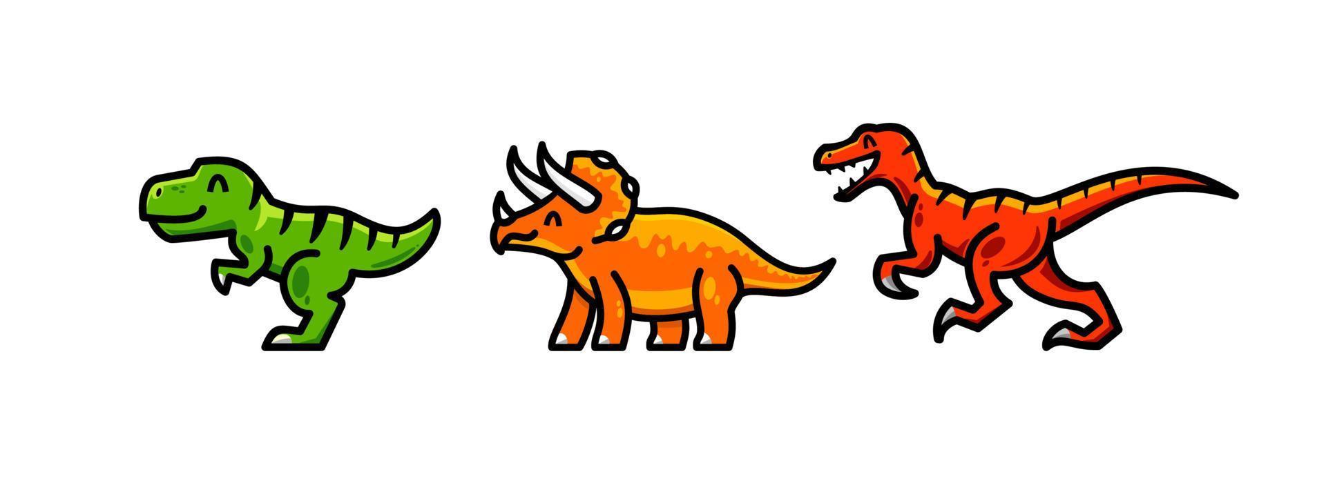 conjunto de dibujos animados de vector de dinosaurio. logotipo de la mascota t-rex, triceratops y raptor. colección de conjunto de mascota de vector de dibujos animados de dinosaurios. lindo diseño de logotipo de criatura antigua