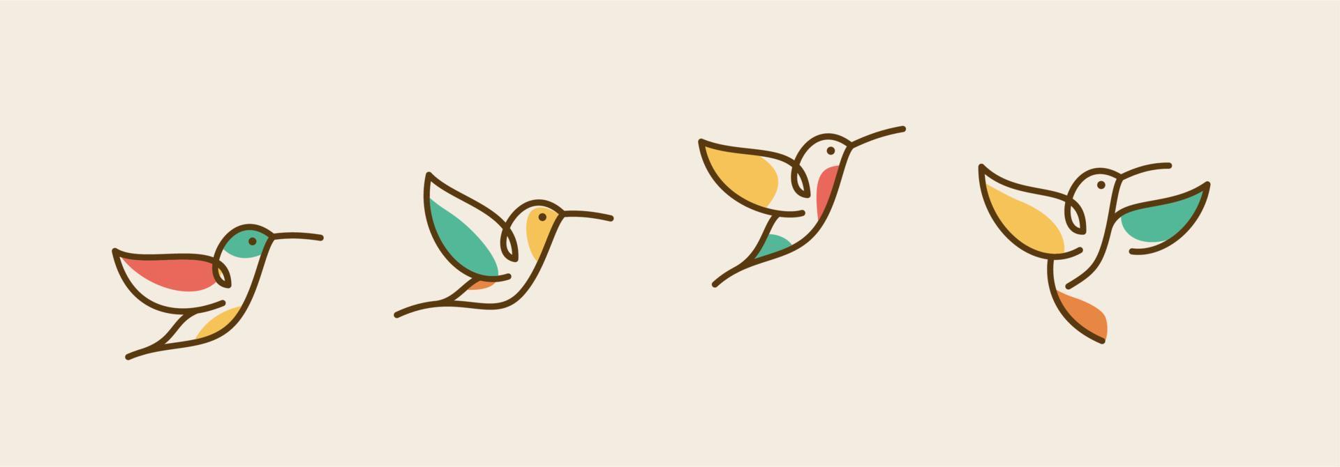 boho style Illustration of colibri birds in wall art design, minimal bird line logo icon illustration isolated on white background, abstract colorful hummingbird vector line art