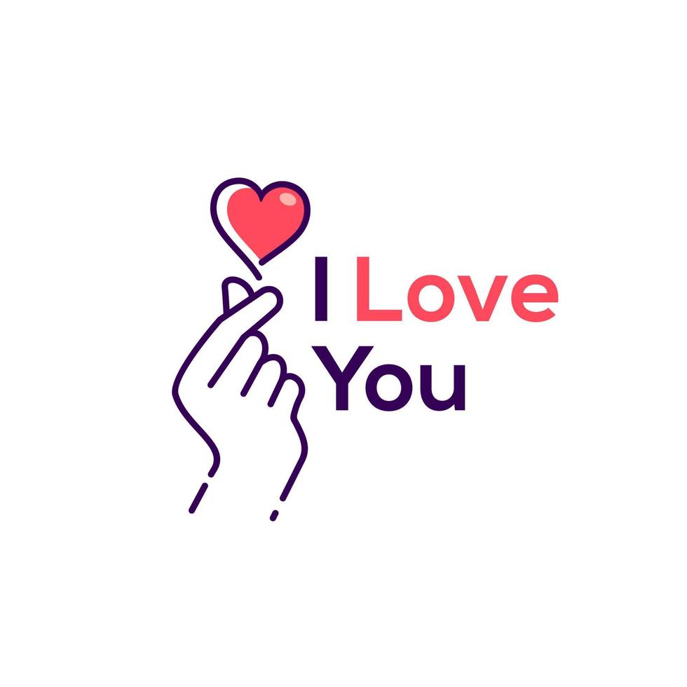 I love you. mini Pink love hand ,korean heart finger i love you sign icon vector line art illustration sticker design social media, i heart you gesture