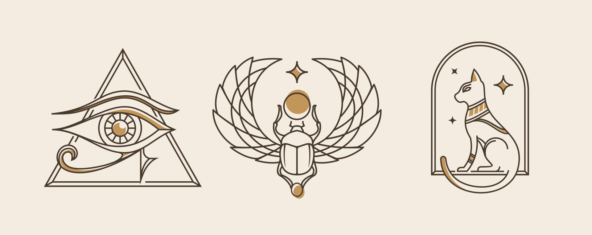 Ancient Egypt vintage art hipster line art Illustration vector with eye of horus, Sacred scarab and Cat, old school tattoo style artwork collection set.
