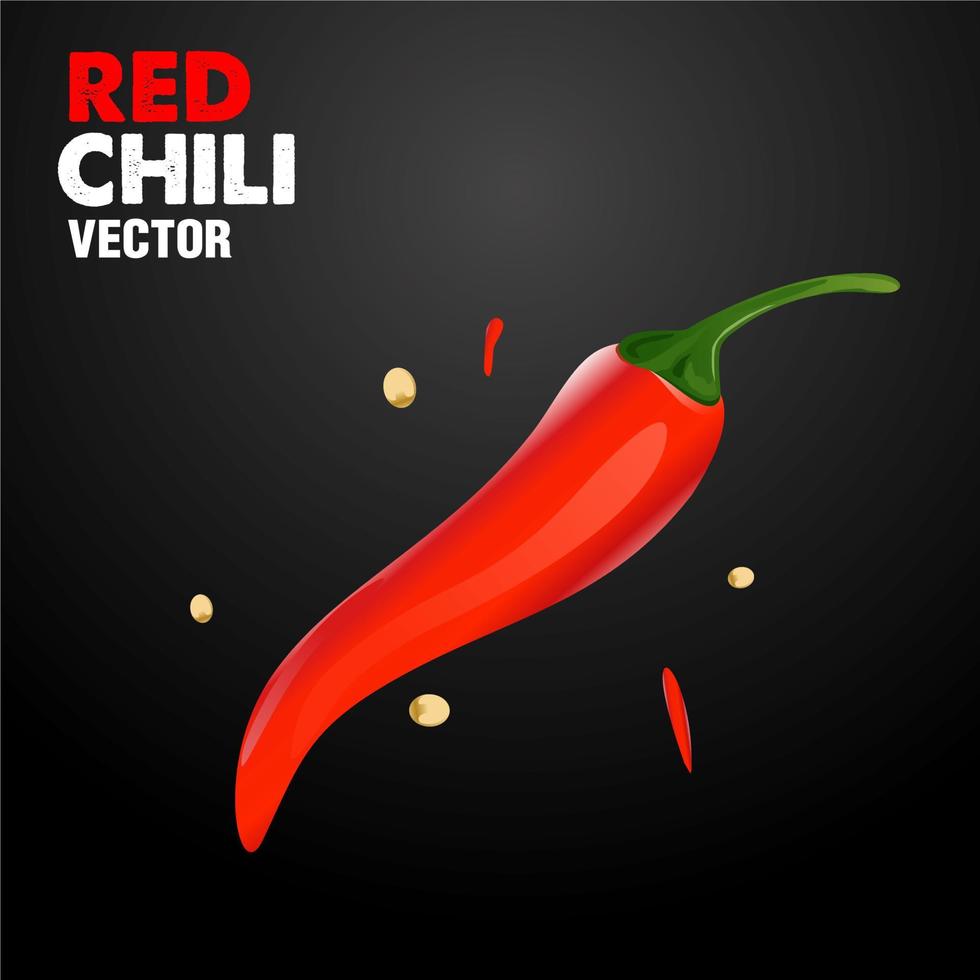 pimiento rojo con elementos de salpicadura de semillas de chile aislados en fondo de color oscuro, vector realista en ilustración 3d