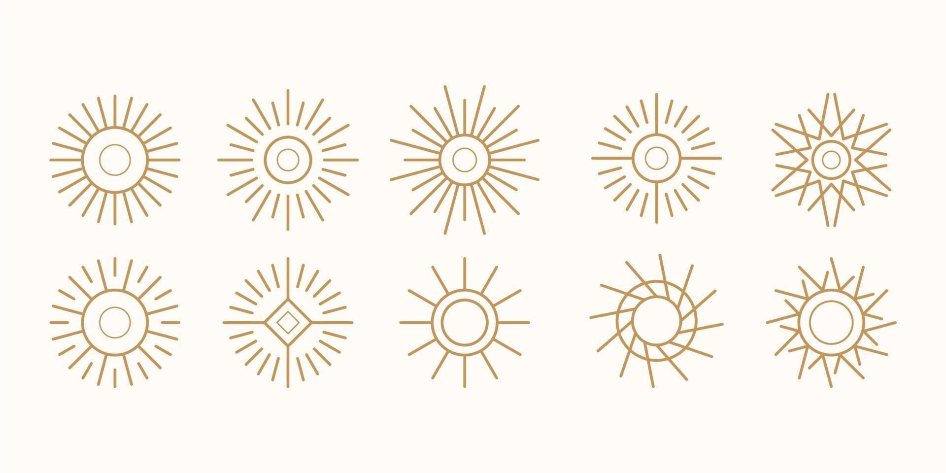 set of bohemian golden sun logo elements isolated, sunset sunrise in outline linear style logo icon vector collection, abstract outline logo vector in minimal style.