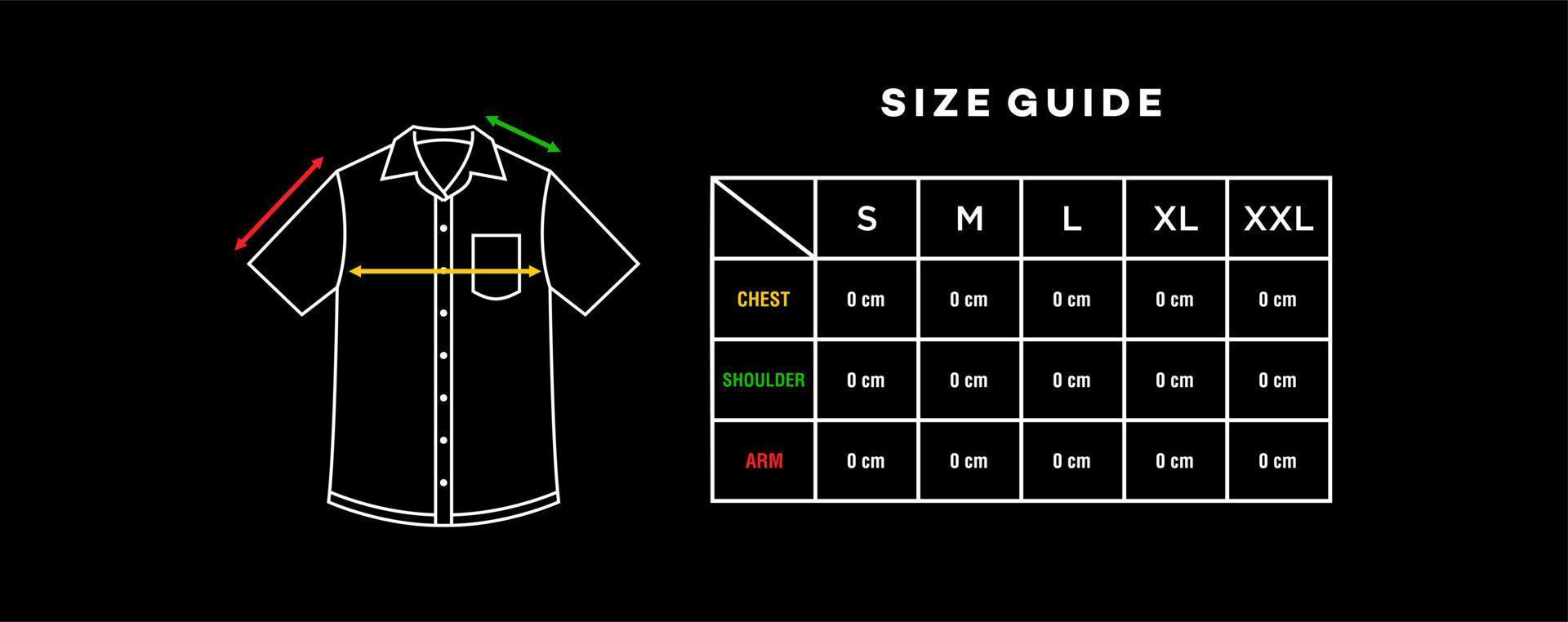 short sleeve shirt size chart template vector. Infographic table of size guide men shirt with collar and button vector