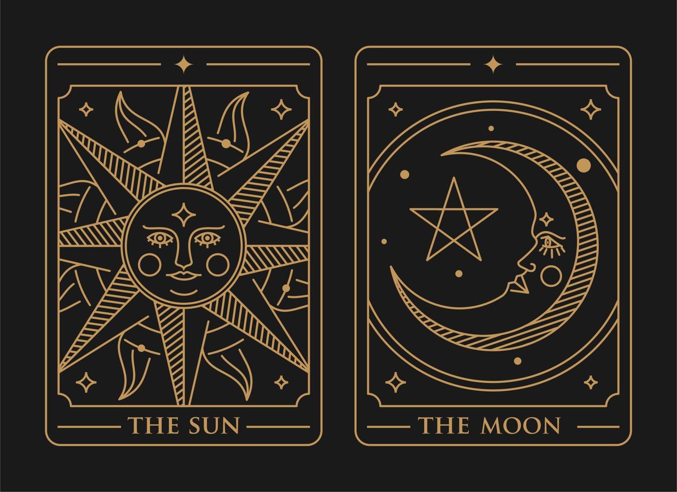 ilustración de juego de cartas de baraja de tarot. el sol, la luna y la estrella vector de la carta del tarot dorado. sol místico vintage, luna y carta de tarot estrella en estilo de arte de línea ornamental