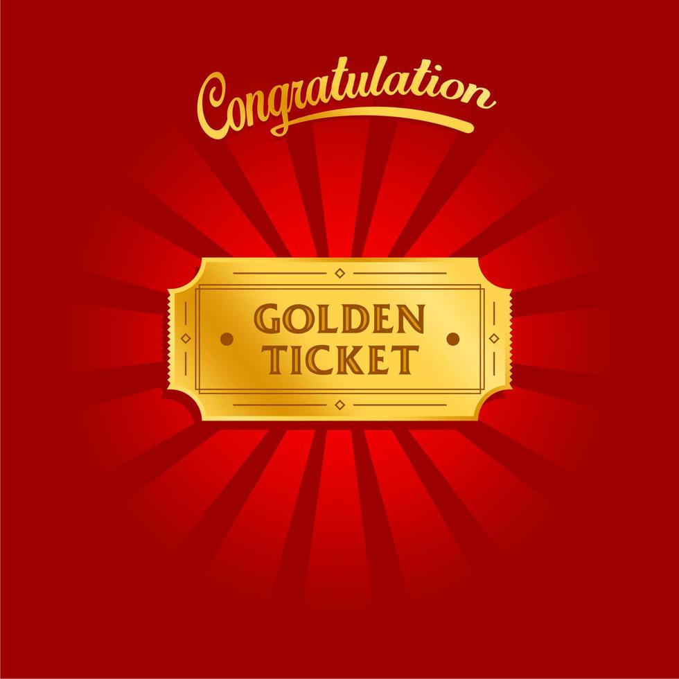 Golden ticket vector. Shiny Golden ticket on a background of rays of light. Vector illustration. Concept of Luxury golden gift certificate in vintage style with congratulation lettering.