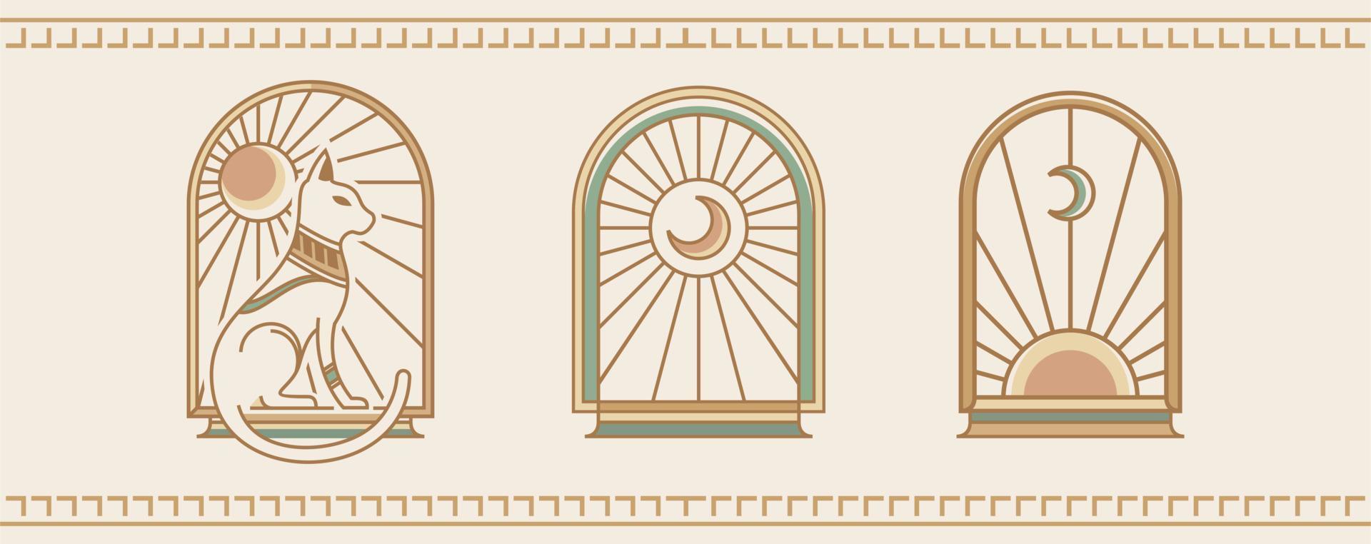 ilustración de obras de arte del antiguo egipto. vector. arte del logotipo de la línea bohemia. icono y símbolos con gato, sol y luna. diseño de ventana de arco elementos de diseño abstracto geométrico para decoración ilustración vectorial vector