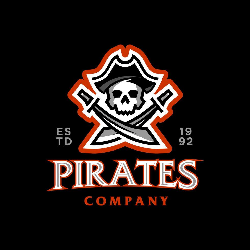 logotipo de esport de piratas. cráneo pirata con sombrero y espadas cruzadas ilustración de diseño de logotipo de emblema marinero en estilo de mascota de juego de línea de moda vector