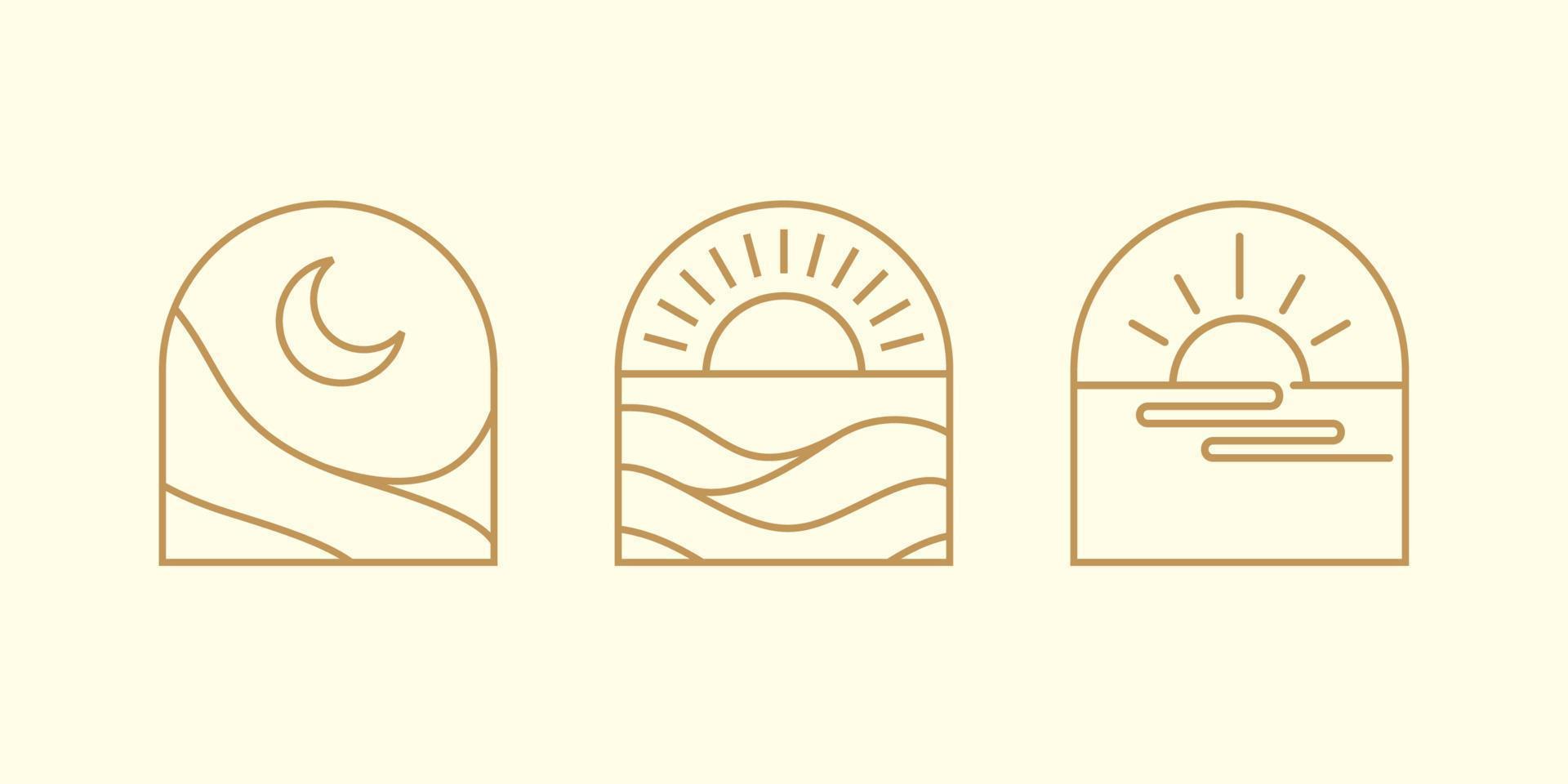 colección de arte, iconos y símbolos del logotipo de la línea bohemia tropical. sol y luna, diseño de ventana de arco elementos de diseño abstracto geométrico para la decoración. vector