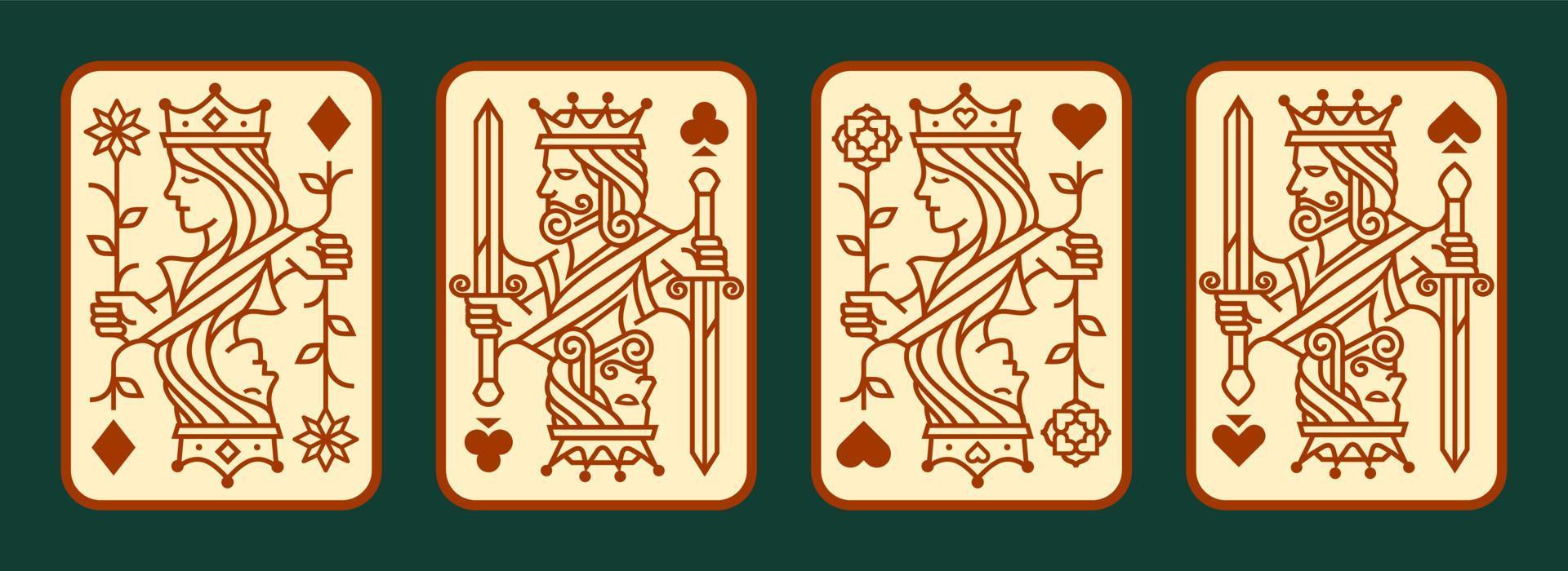 set of King and queen playing card vector illustration set of hearts, Spade, Diamond and Club, Royal cards design collection