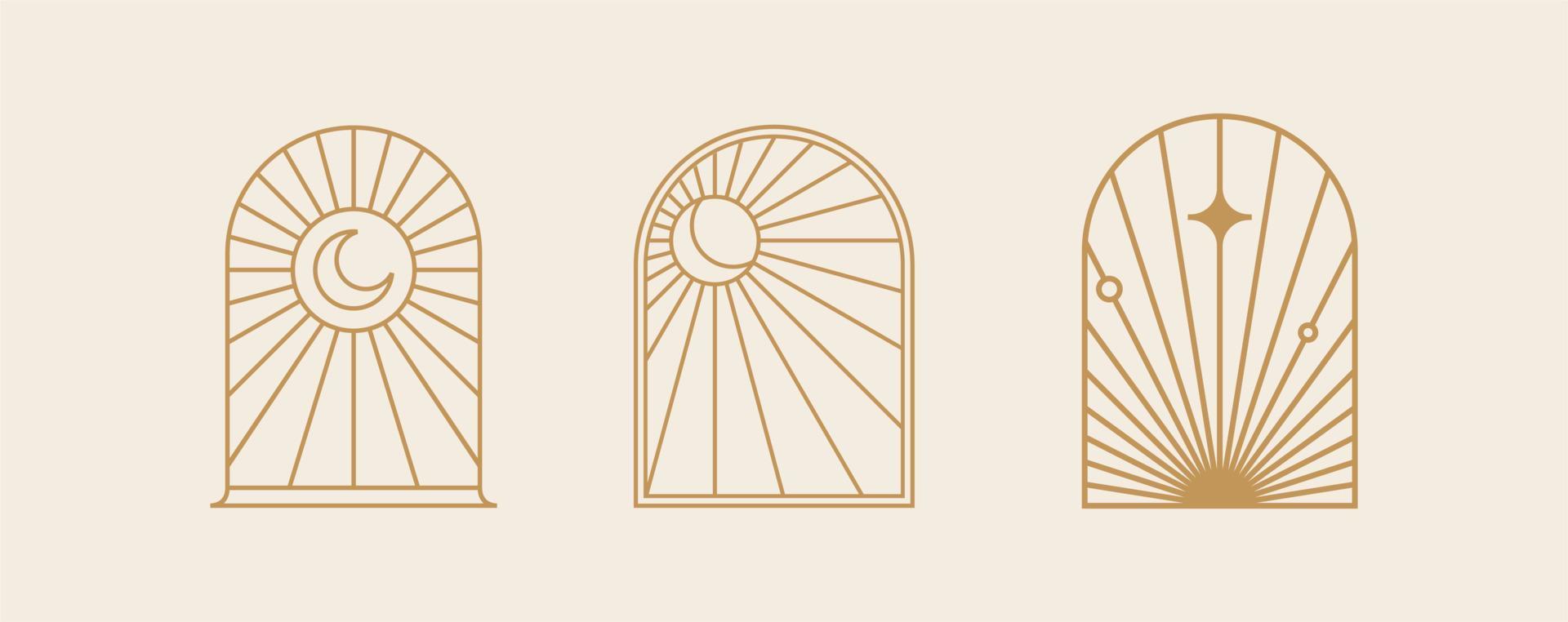 arte del logotipo de línea bohemia, iconos y símbolos, sol y luna, diseño de ventana de arco elementos de diseño abstracto geométrico para la decoración. vector