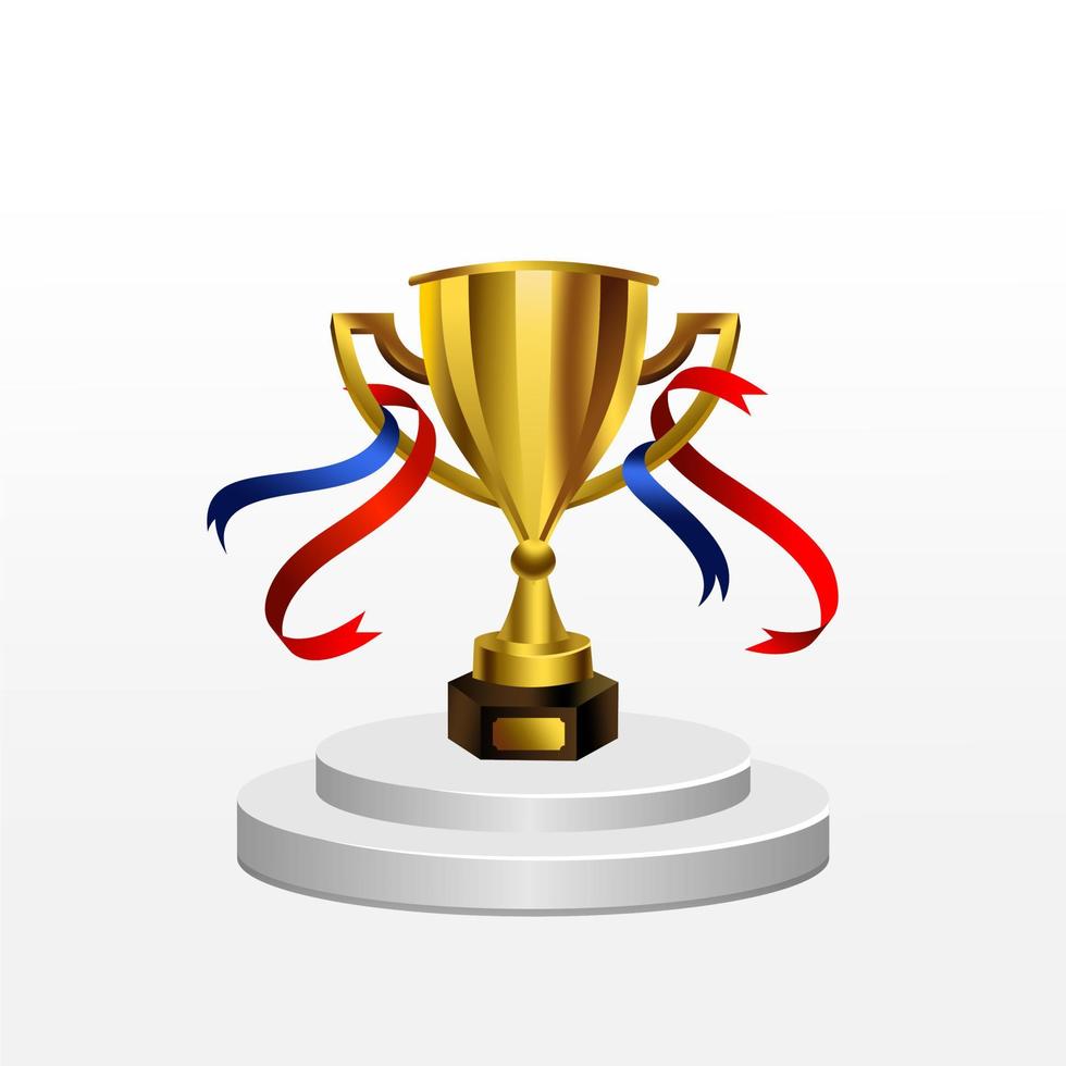 realistic gold trophy on podium vector. Trophy cup with red and blue ribbon. Champion trophy, shiny golden cup and falling confetti, sport award. Winner prize, champions realistic vector