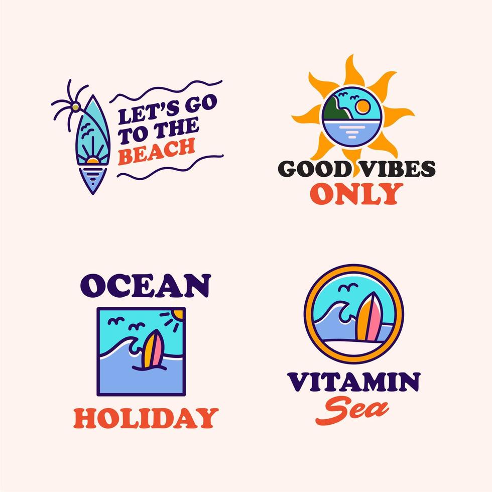 conjunto de etiqueta de vector de logotipo de vacaciones en la playa, imagen de vector de etiqueta de línea simple, ilustración de icono de logotipo de dibujos animados hipster vintage retro tropical de verano