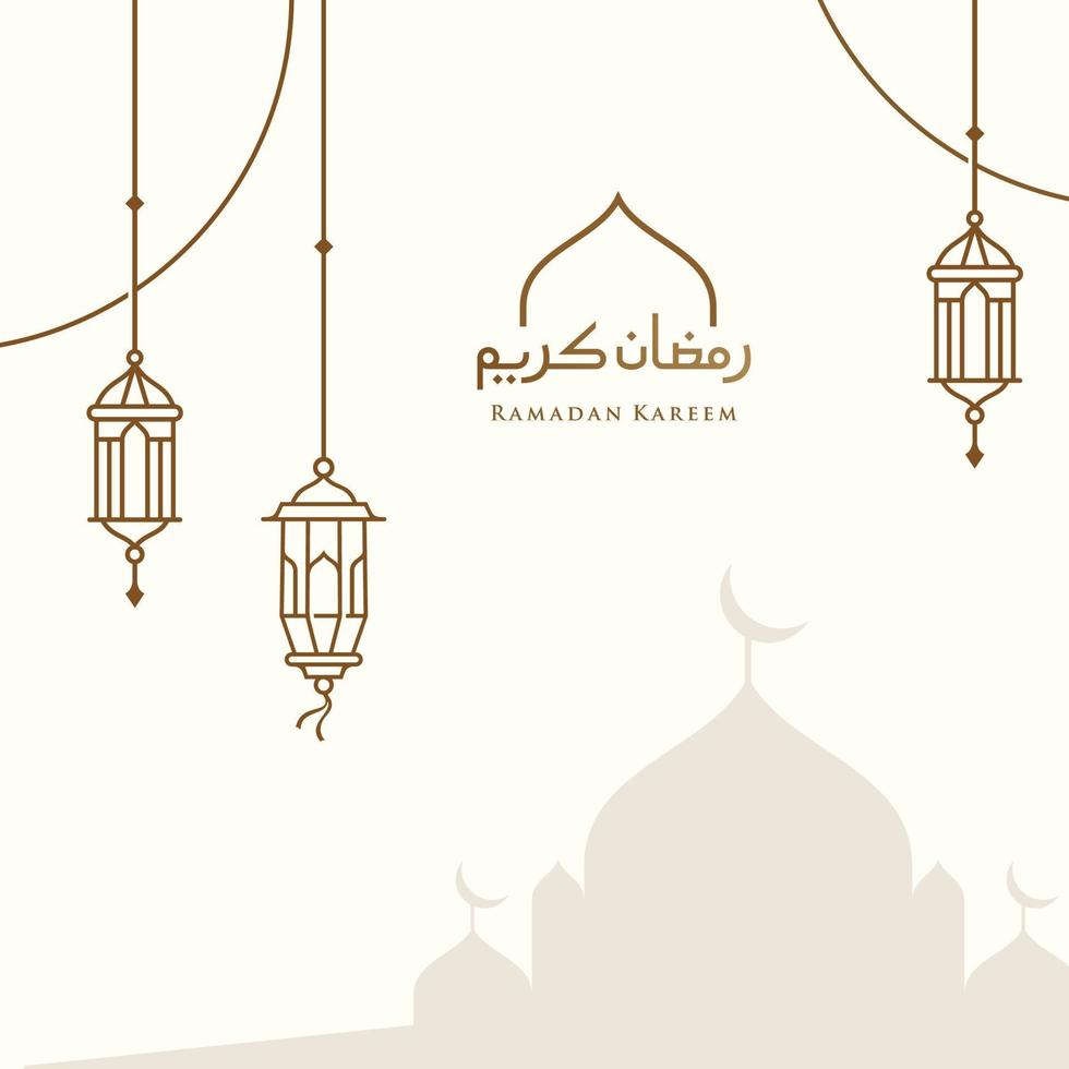 ramadan Kareem, Eid Mubarak Greeting Line icon minimal and simple vector design with beautiful Glowing Lantern and elegant crescent moon star for background and Banner